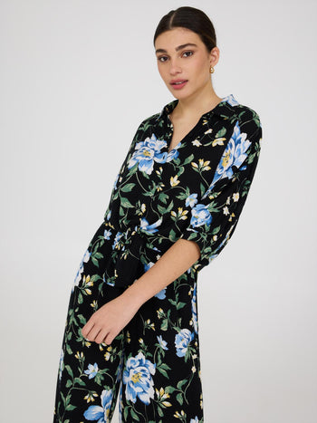 Blouse nouée sur le devant à manches courtes et imprimé floral Black