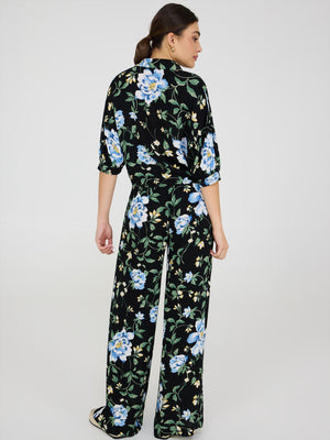 Blouse nouée sur le devant à manches courtes et imprimé floral Black