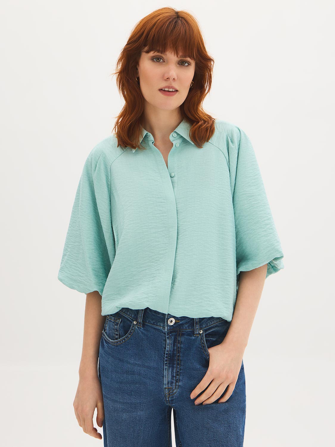 Balloon Sleeve Button-Front Blouse – Suzy Shier