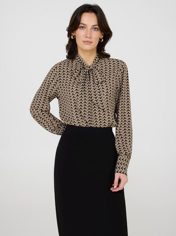 Geo Print Chiffon Tie Neck Blouse Black