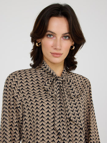 Geo Print Chiffon Tie Neck Blouse Black