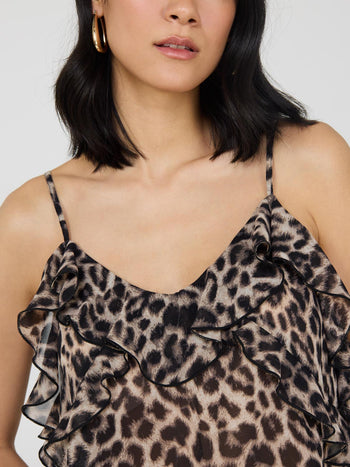 Camisole en mousseline à volants et imprimé animal Beige