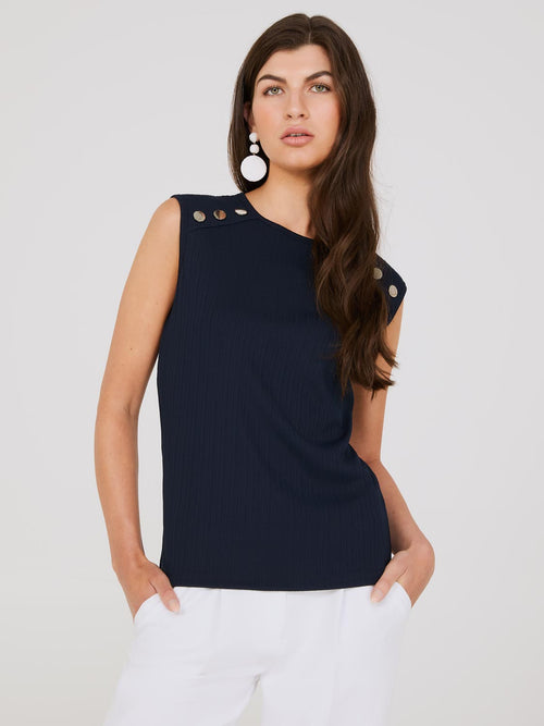 Sleeveless Jacquard Top With Button Shoulder Details