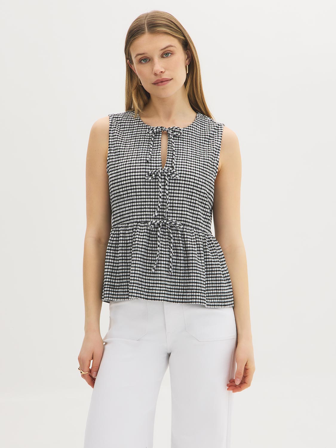 Gingham Tie-Front Peplum Top – Suzy Shier