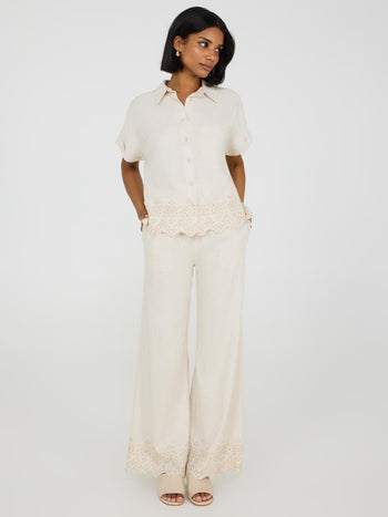 Pantalon à jambe large en lin avec ourlet brodé Oatmeal