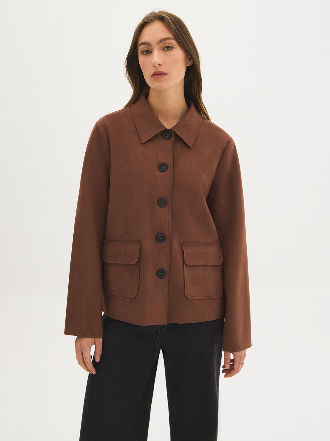 Faux Suede Notch Collar Jacket – Suzy Shier