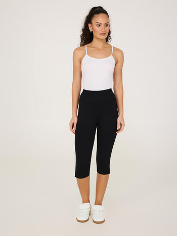 Wide Waistband Capri Pants With Slit Hem Black