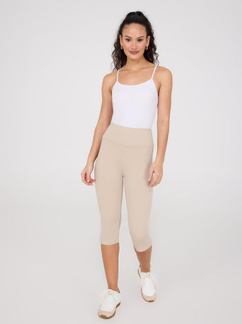 Wide Waistband Capri Pants With Slit Hem Sand