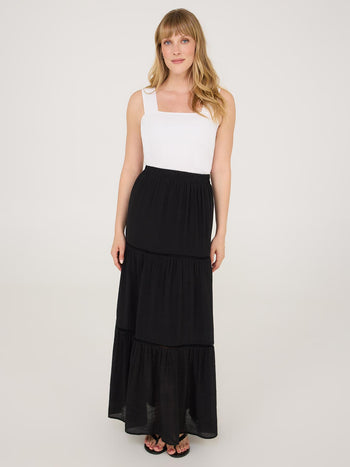 Lattice Crochet Trim Tiered Maxi Skirt Black