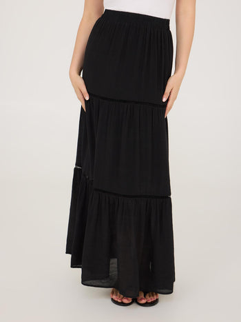 Lattice Crochet Trim Tiered Maxi Skirt Black