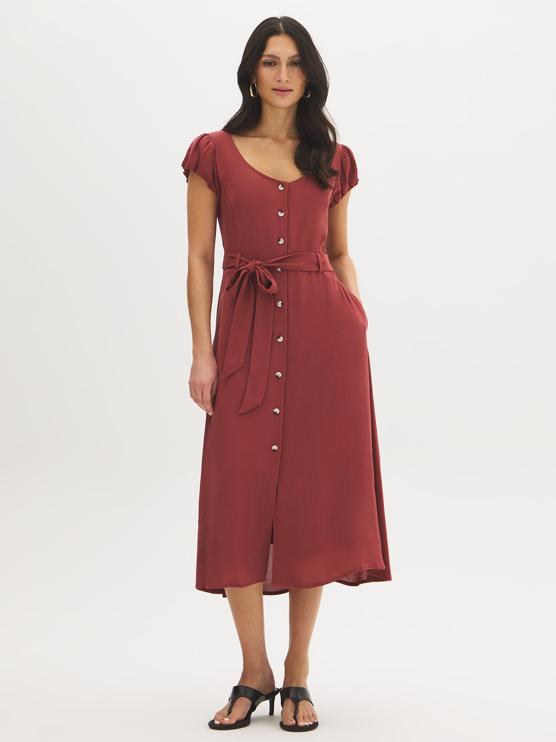 midi dress wanita gu sheath tie waist dress Textured Tie-Waist Midi Dress | Mars Red | XXL