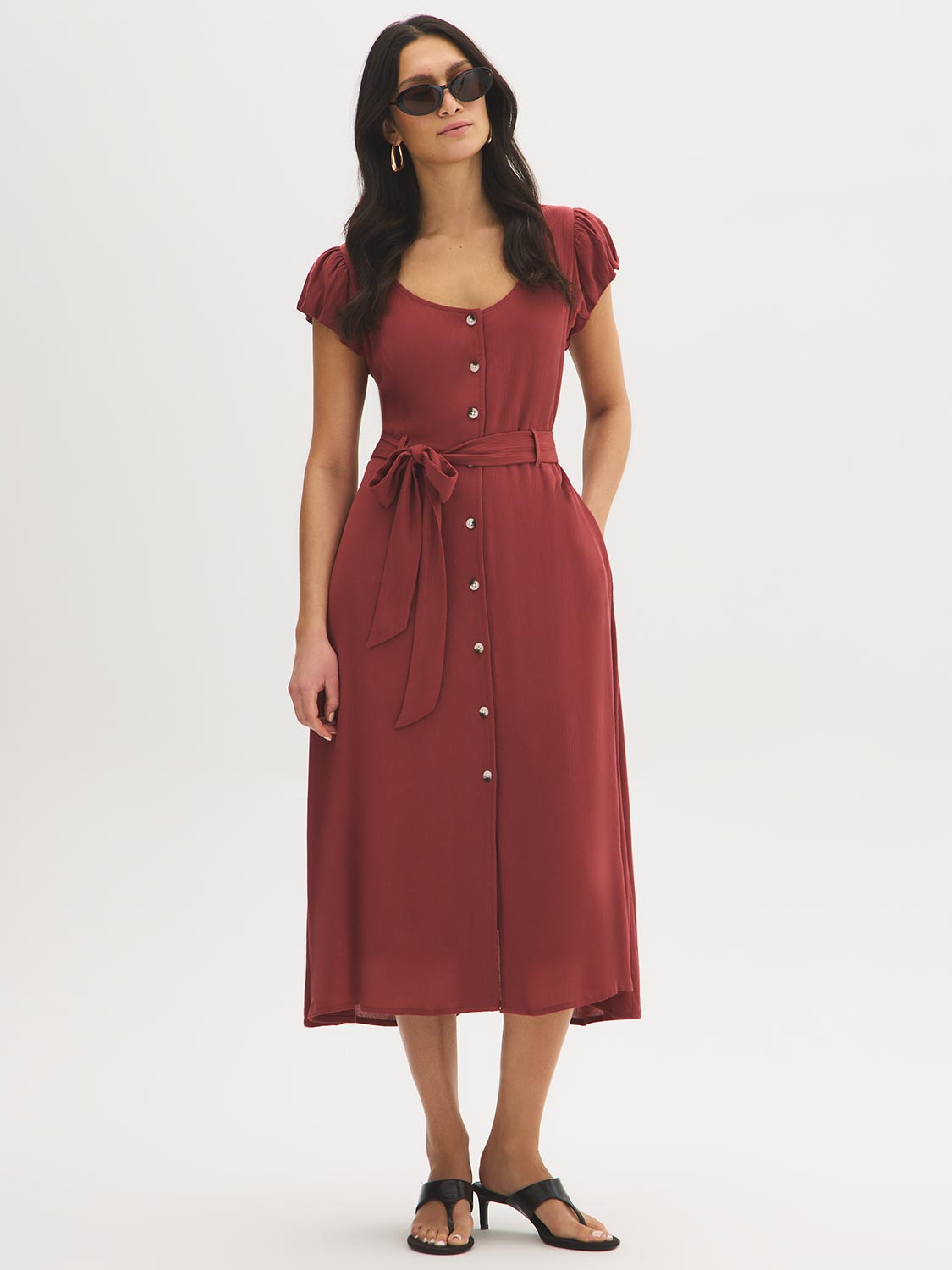 midi dress wanita gu sheath tie waist dress Textured Tie-Waist | Mars Red | L Neo Vintage frontMini cap bubble sleeves Summer Dress for Women Color:Purple Pink