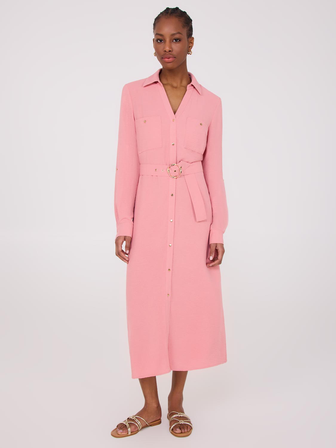Suzy Shier long sleeve long pink shirt dress