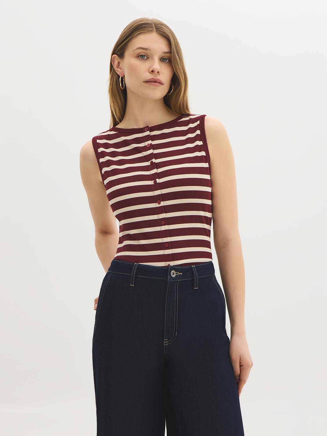Striped Boat Neck Button-Front Top – Suzy Shier