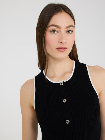 Contrast Piping Button-Front Tank Top Black