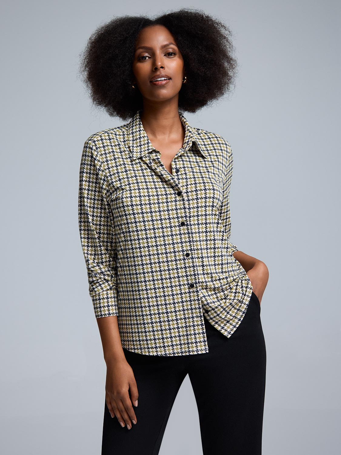 Vintage floral houndstooth rétro blouse 1970s Vintage Blouses | Metallic Floral, Houndstooth Pattern
