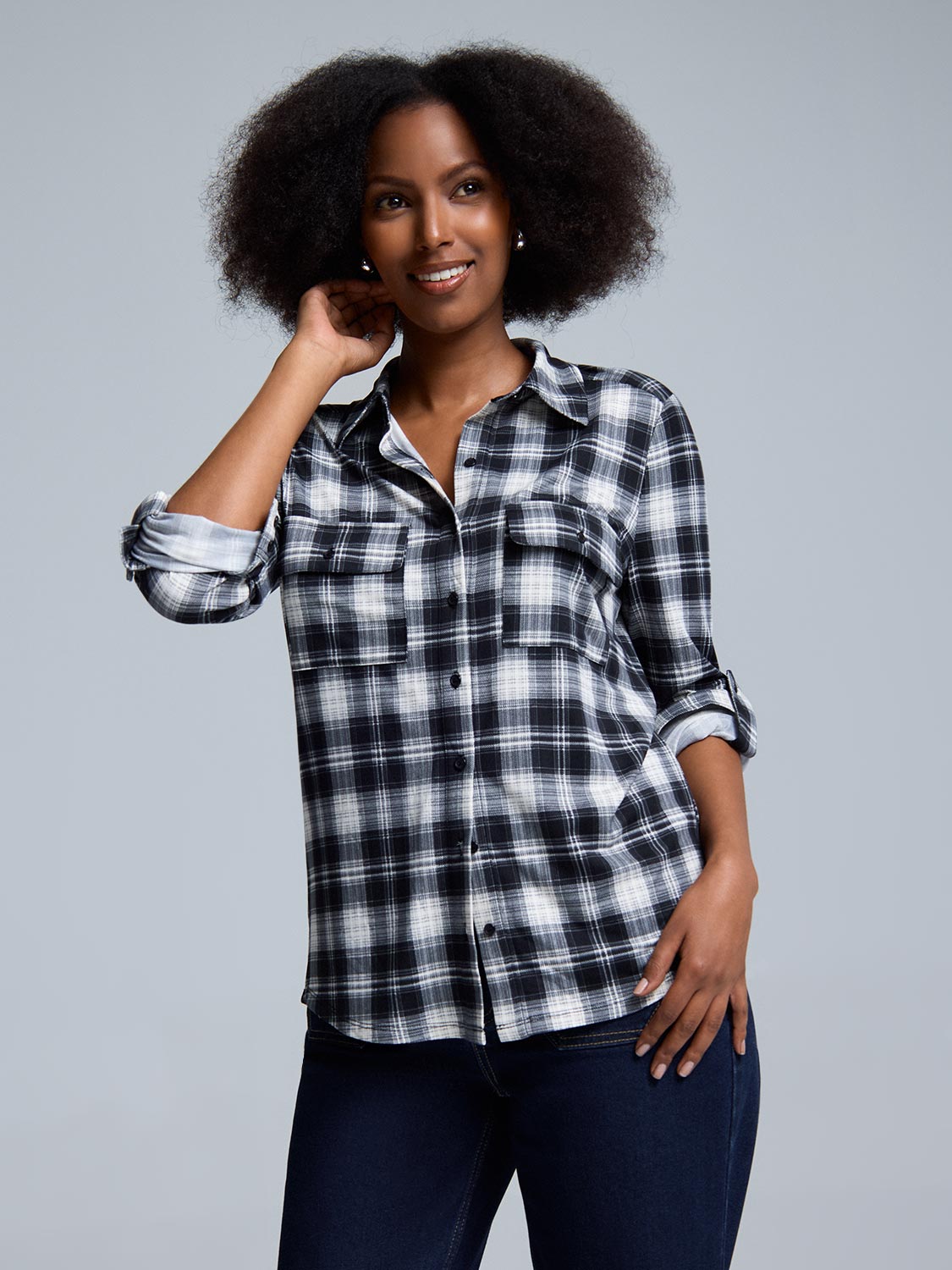 Button-Up Dark Plaid Shirt – Suzy Shier