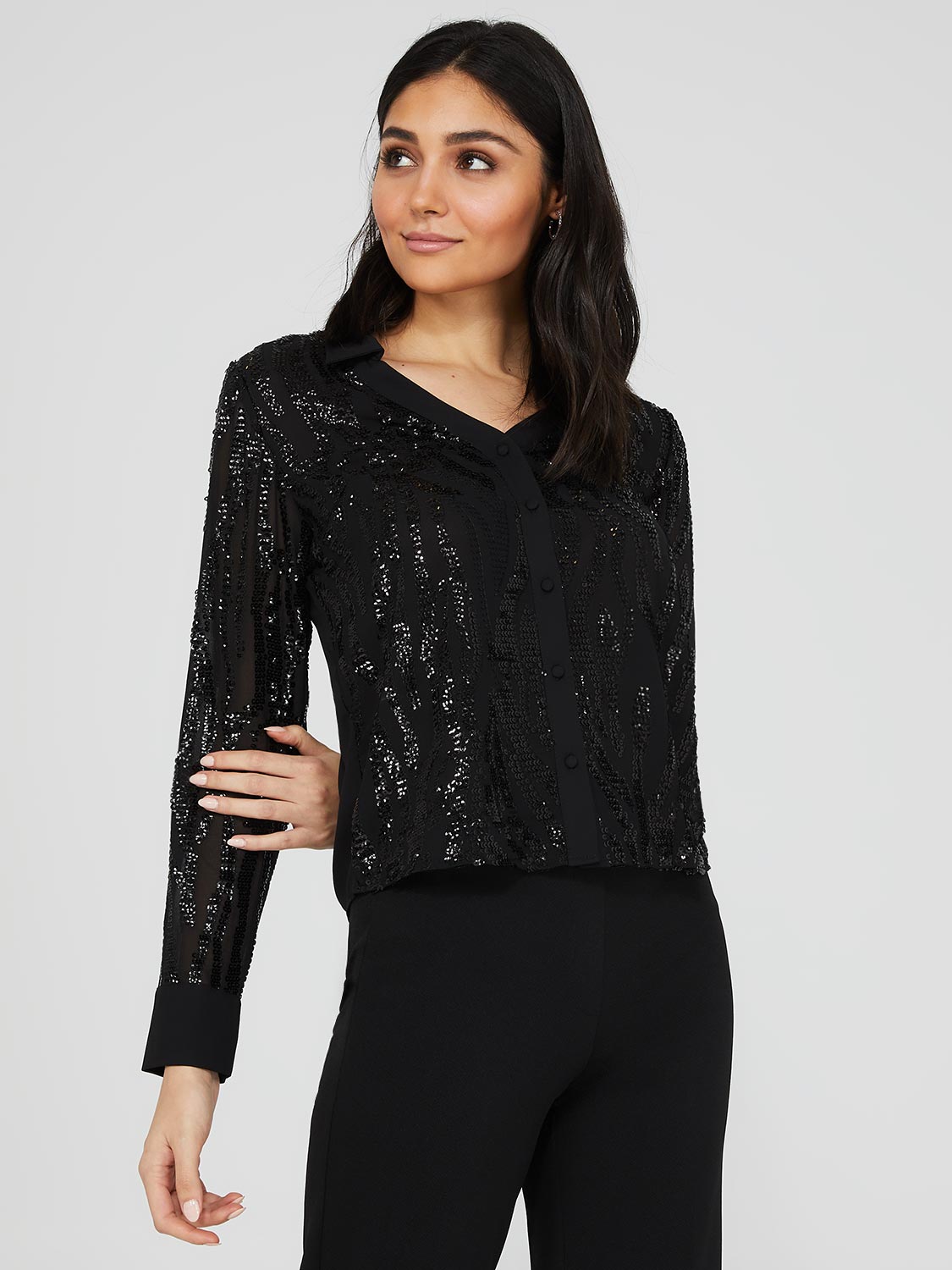 Sequin Button-Front V-Neck Blouse