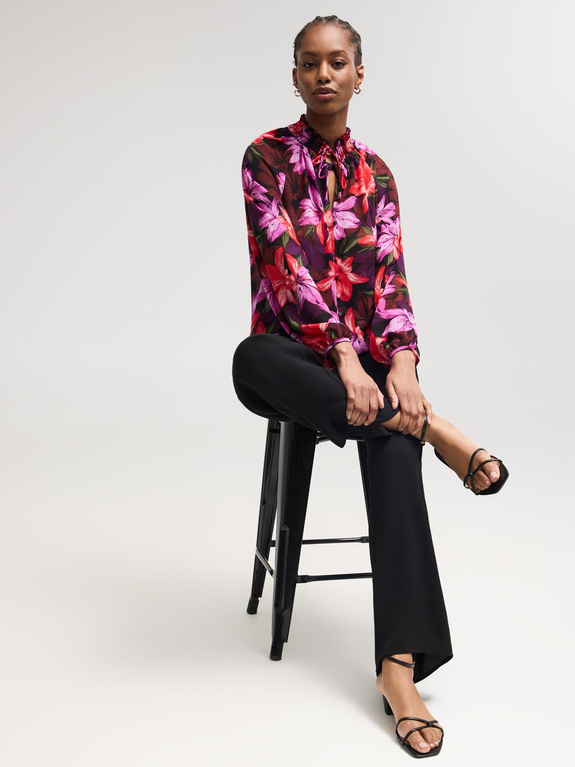Women Blouse Shimmer Tie Cuffs