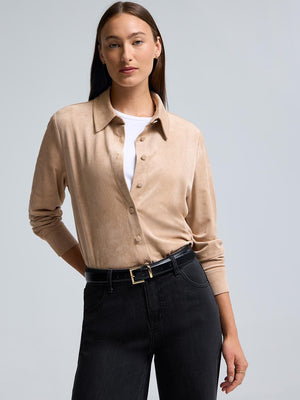Faux Suede Button-Front Blouse Camel