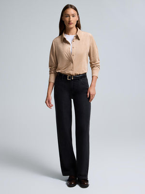 Faux Suede Button-Front Blouse Camel