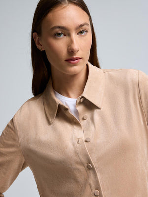 Faux Suede Button-Front Blouse Camel