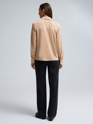 Faux Suede Button-Front Blouse Camel