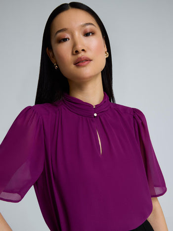 Chiffon Pleated Mock Neck Top Purple