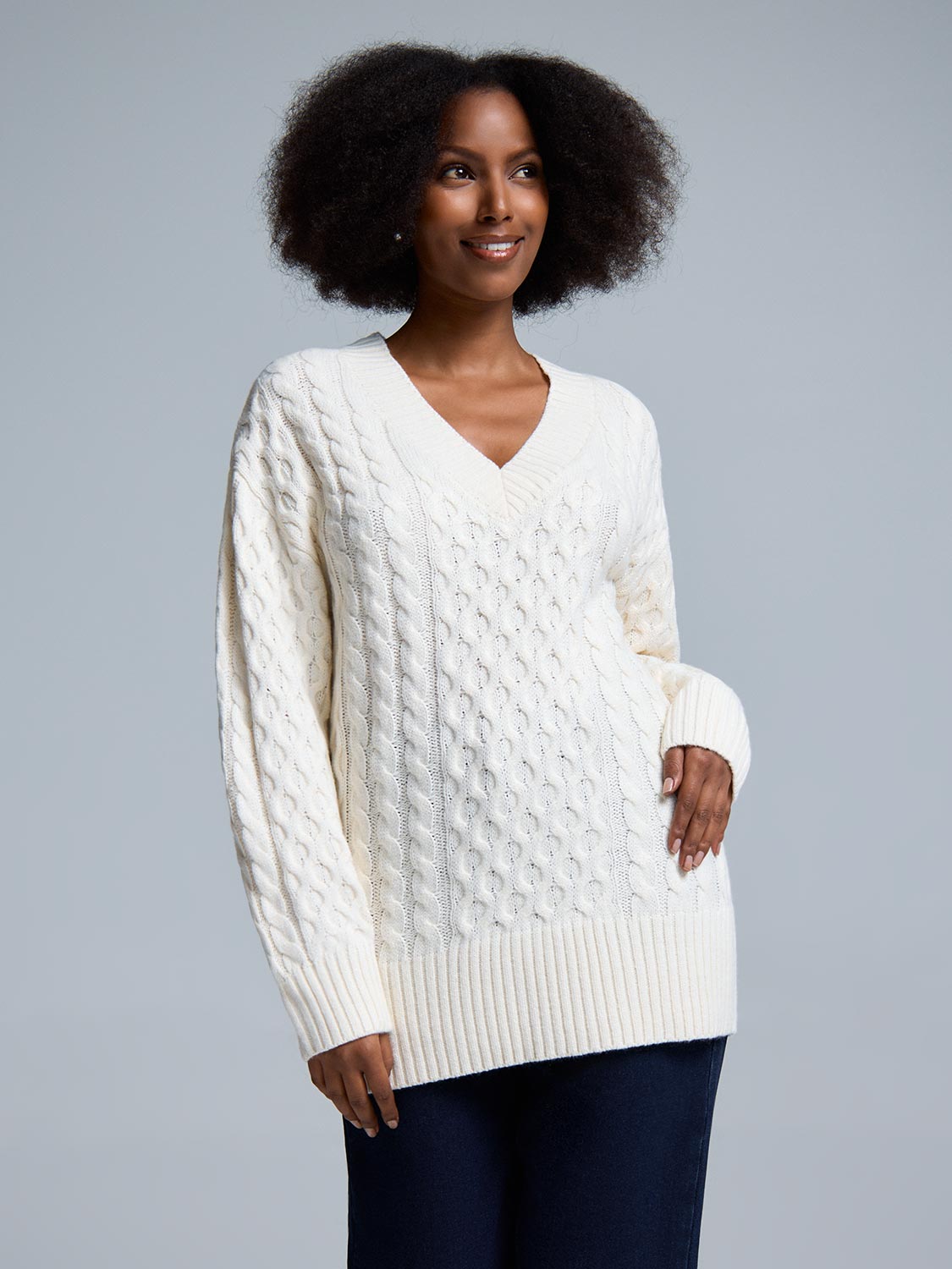V-Neck Cable Knit Sweater – Suzy Shier