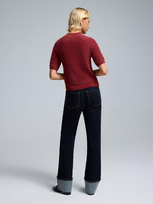 Fuzzy Mock Neck Short Sleeve Sweater Mars Red