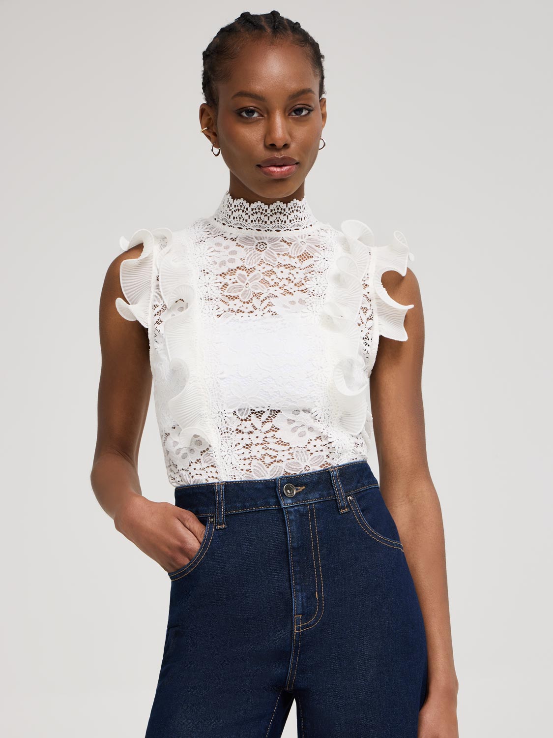 Ruffle Detail Sleeveless Lace Top – Suzy Shier