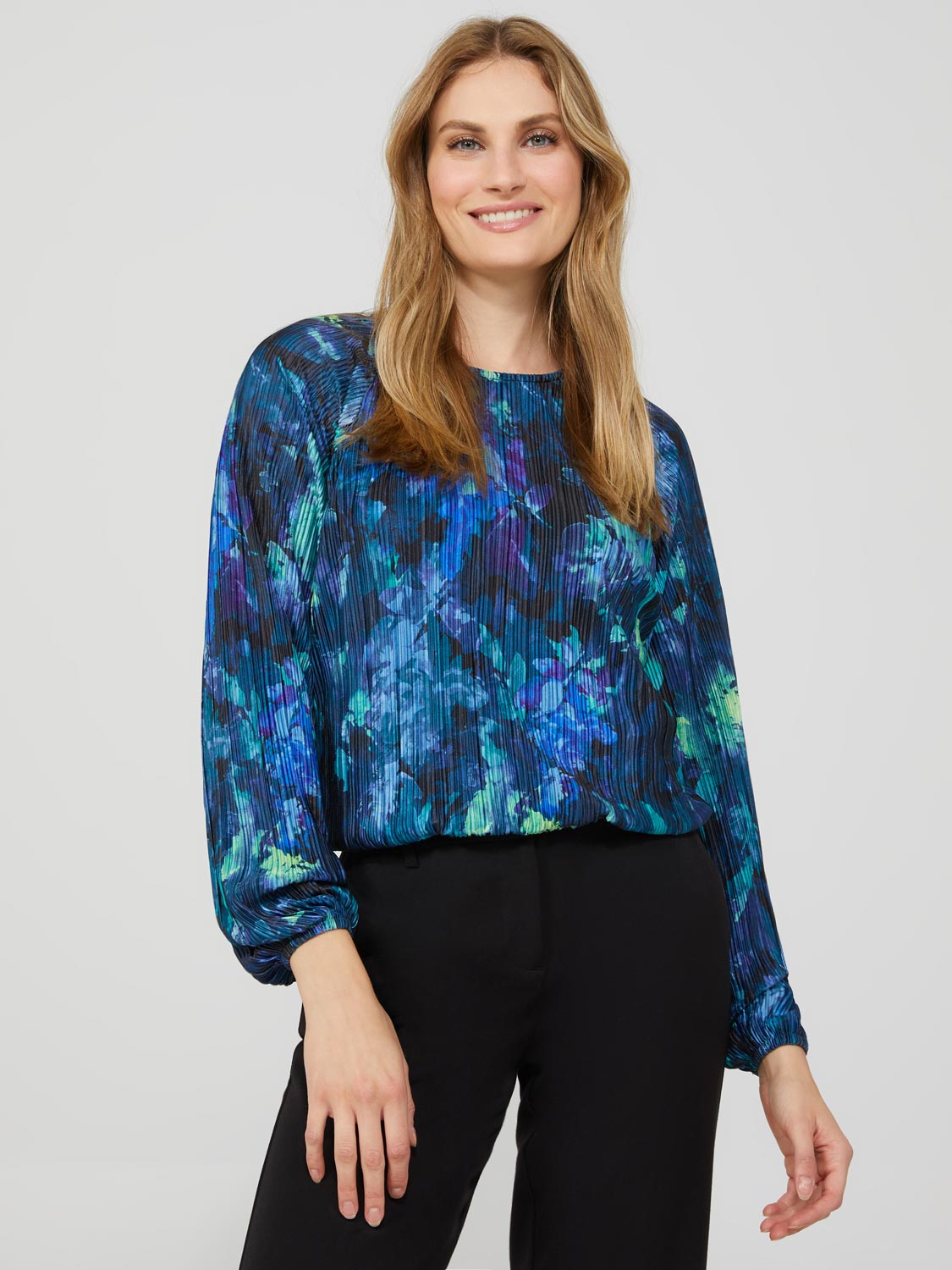 Printed Long Sleeve Plisse Volume Top