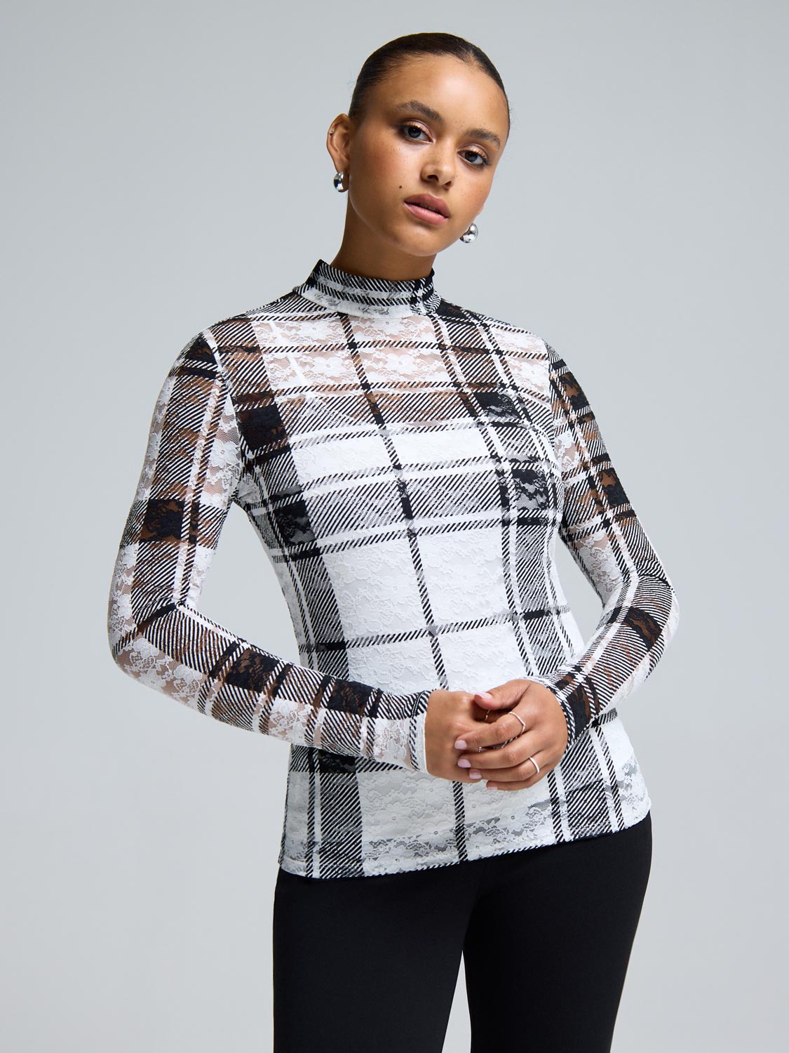 Mock Neck Plaid Shirt With Lace Detail – Suzy Shier