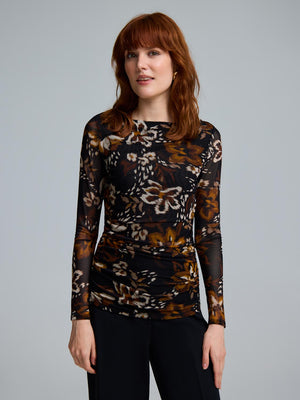 Floral Boat Neck Mesh Top Black