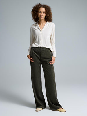 Pantalon en velours côtelé à jambe large Dk Green