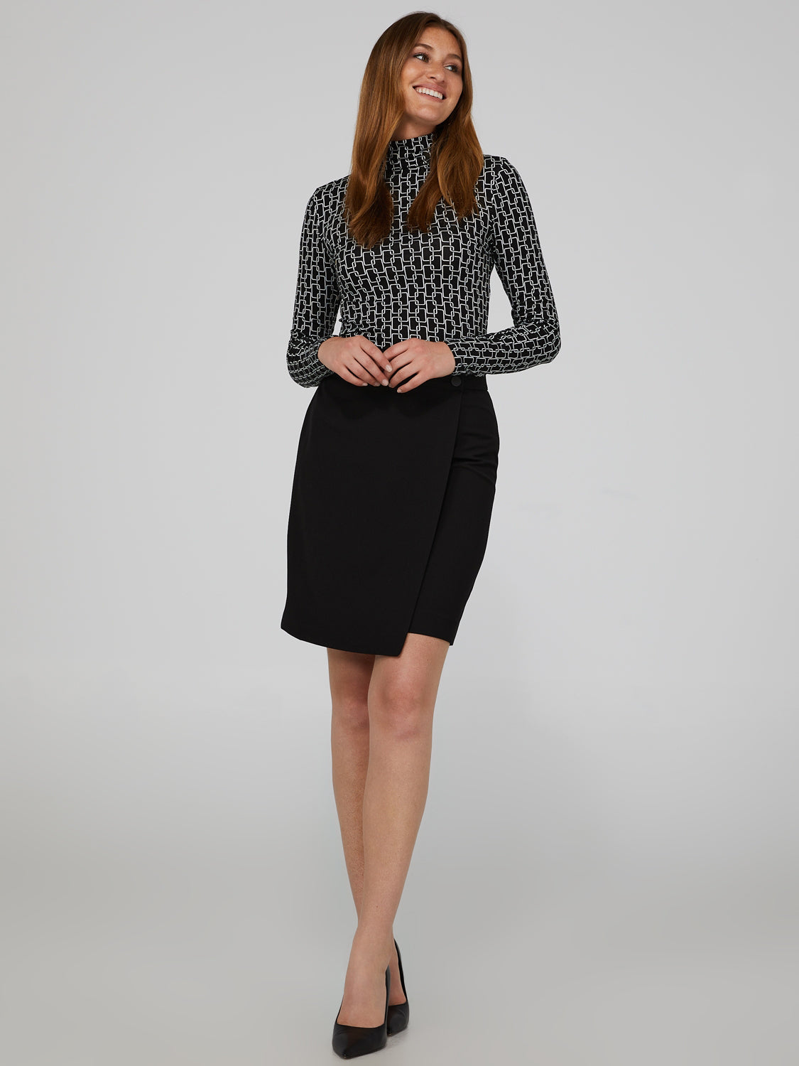 Faux Wrap Skirt With 2-Button Waistband