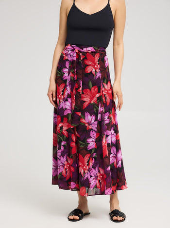 Jupe longue en mousseline fleurie avec ceinture sur le devant Black