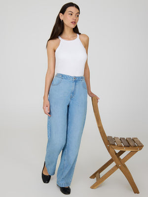 Jean 100% coton à jambe droite avec détail en métal Lt Denim Blasted