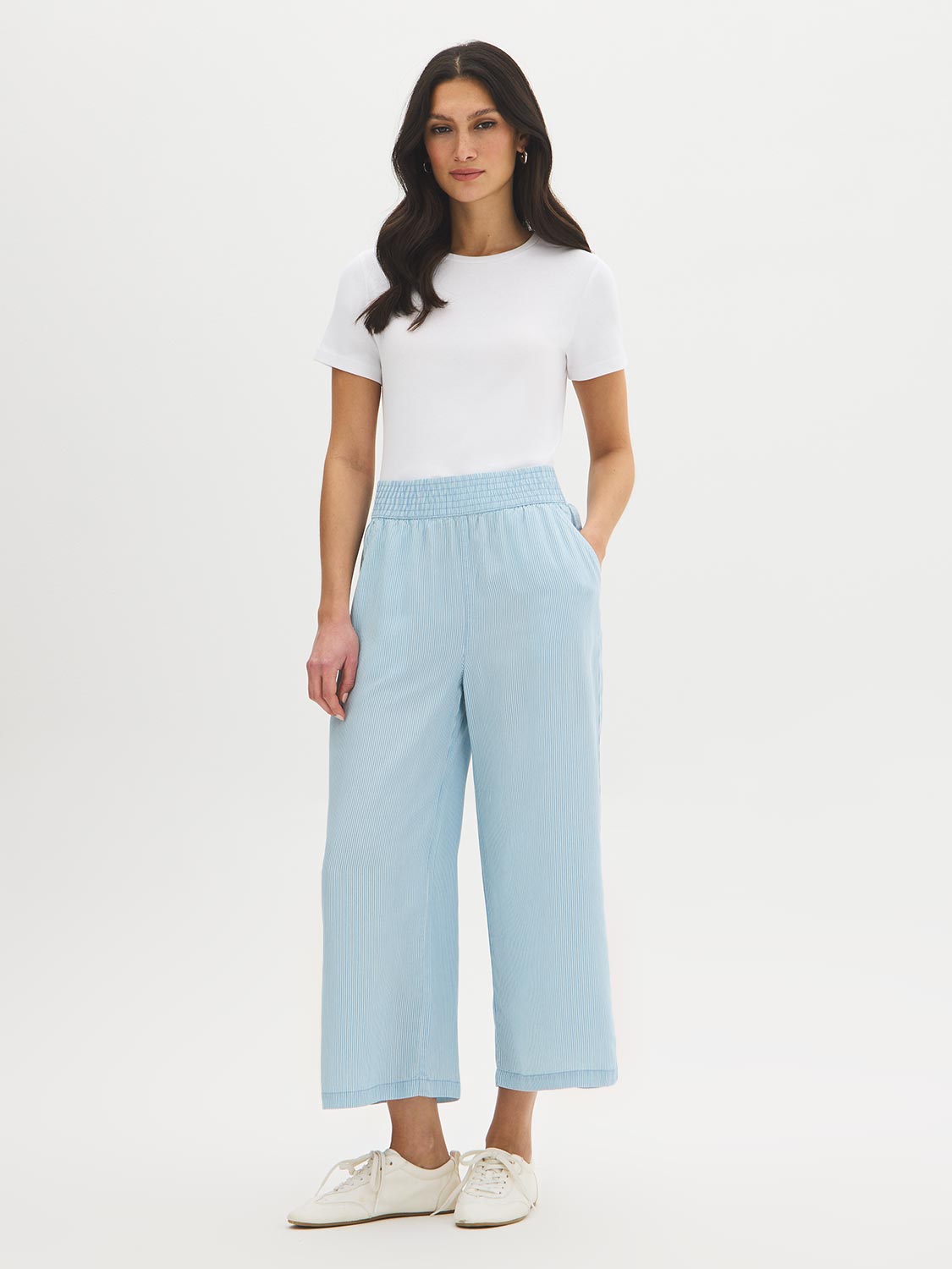 Striped Denim Tencel Gaucho Pant | Suzy Shier