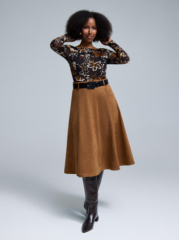 Belted Pleated Faux Suede Skirt Camel