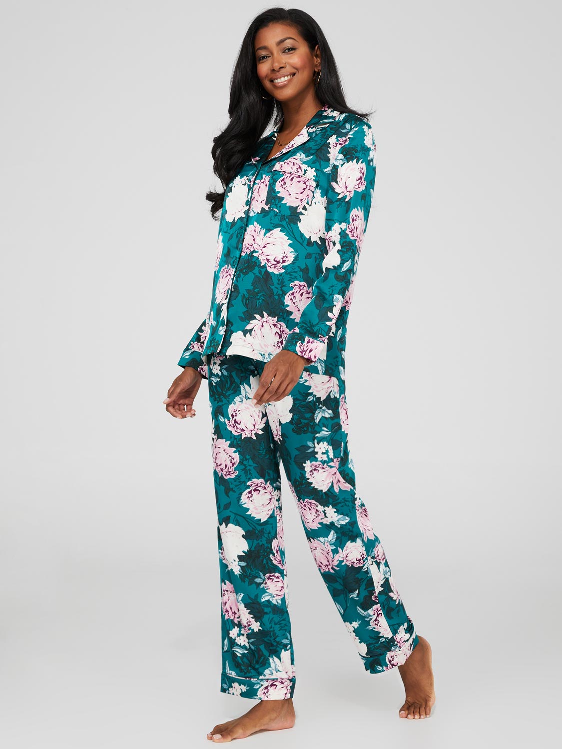 Floral Print Satin Button-Down Pajama Set