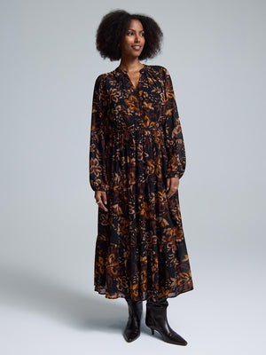 Floral Tiered Chiffon Maxi Dress Black