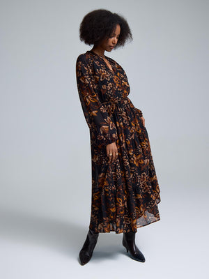 Floral Tiered Chiffon Maxi Dress Black