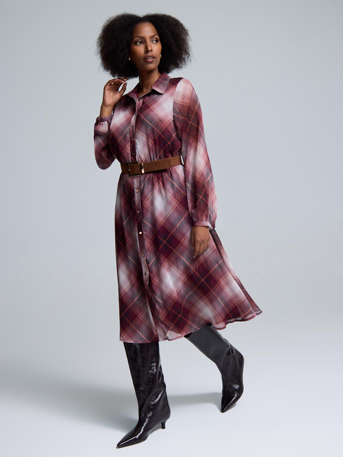 Metallic Plaid Midi Shirt Dress Suzy Shier Metallic Plaid Midi Shirt Dress Suzy Shier