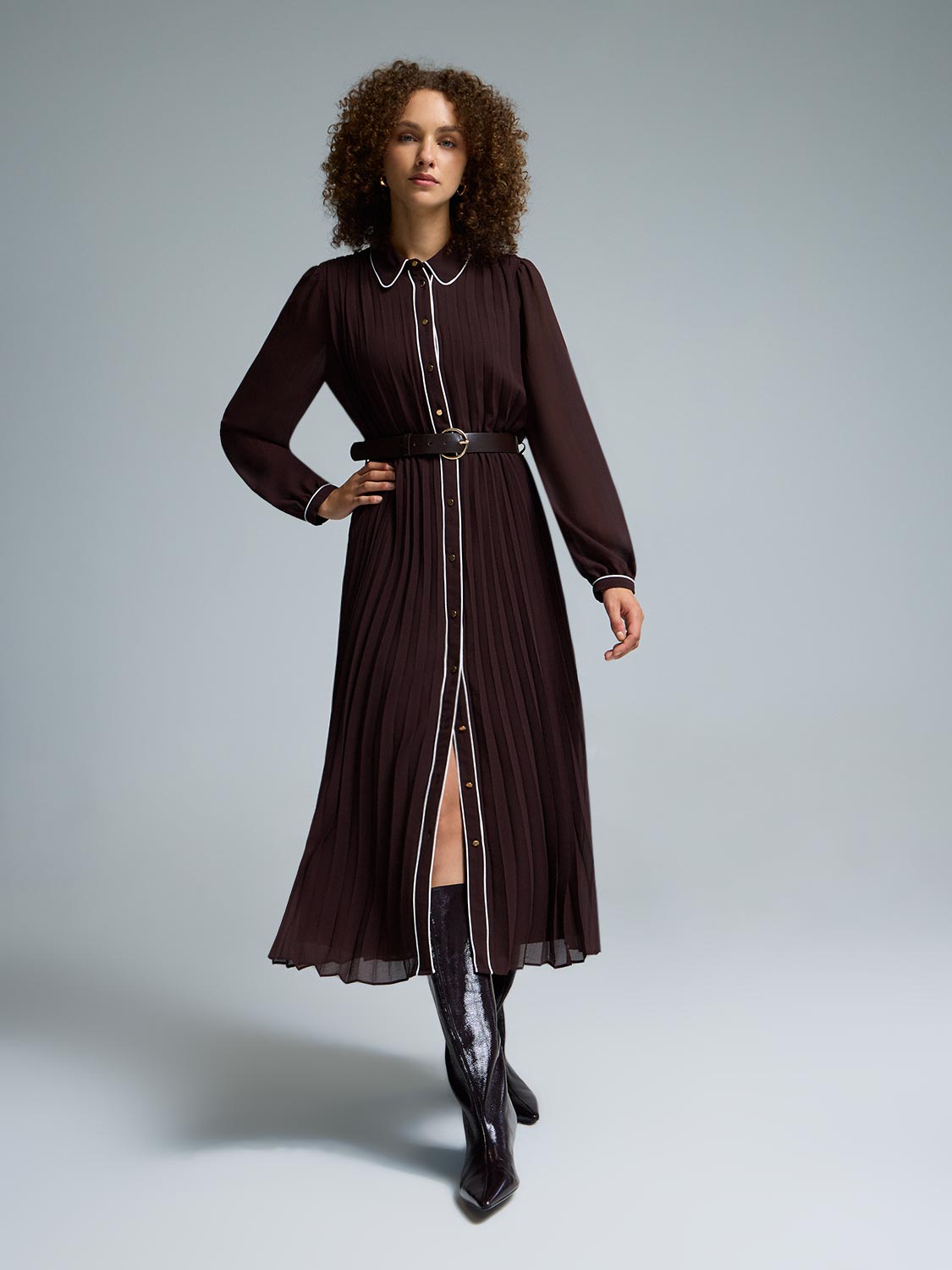 Contrast Piping Pleated Chiffon Shirt Dress – Suzy Shier