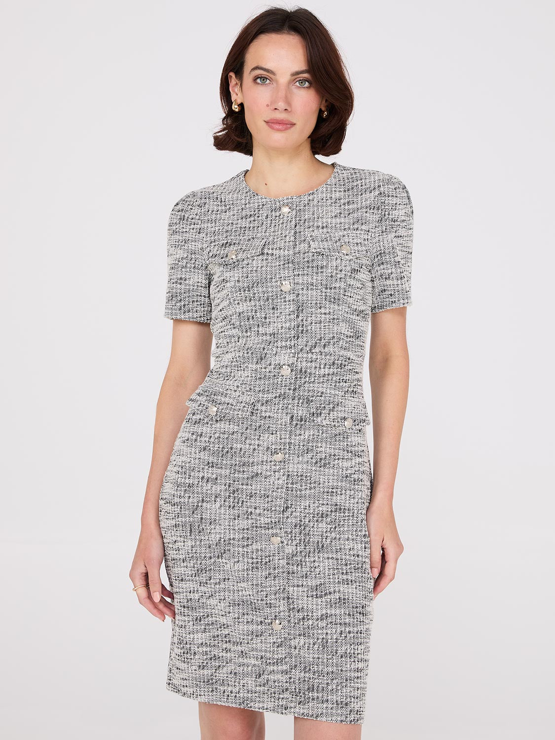 Short Sleeve Button Front Boucle Sheath Dress Suzy Shier