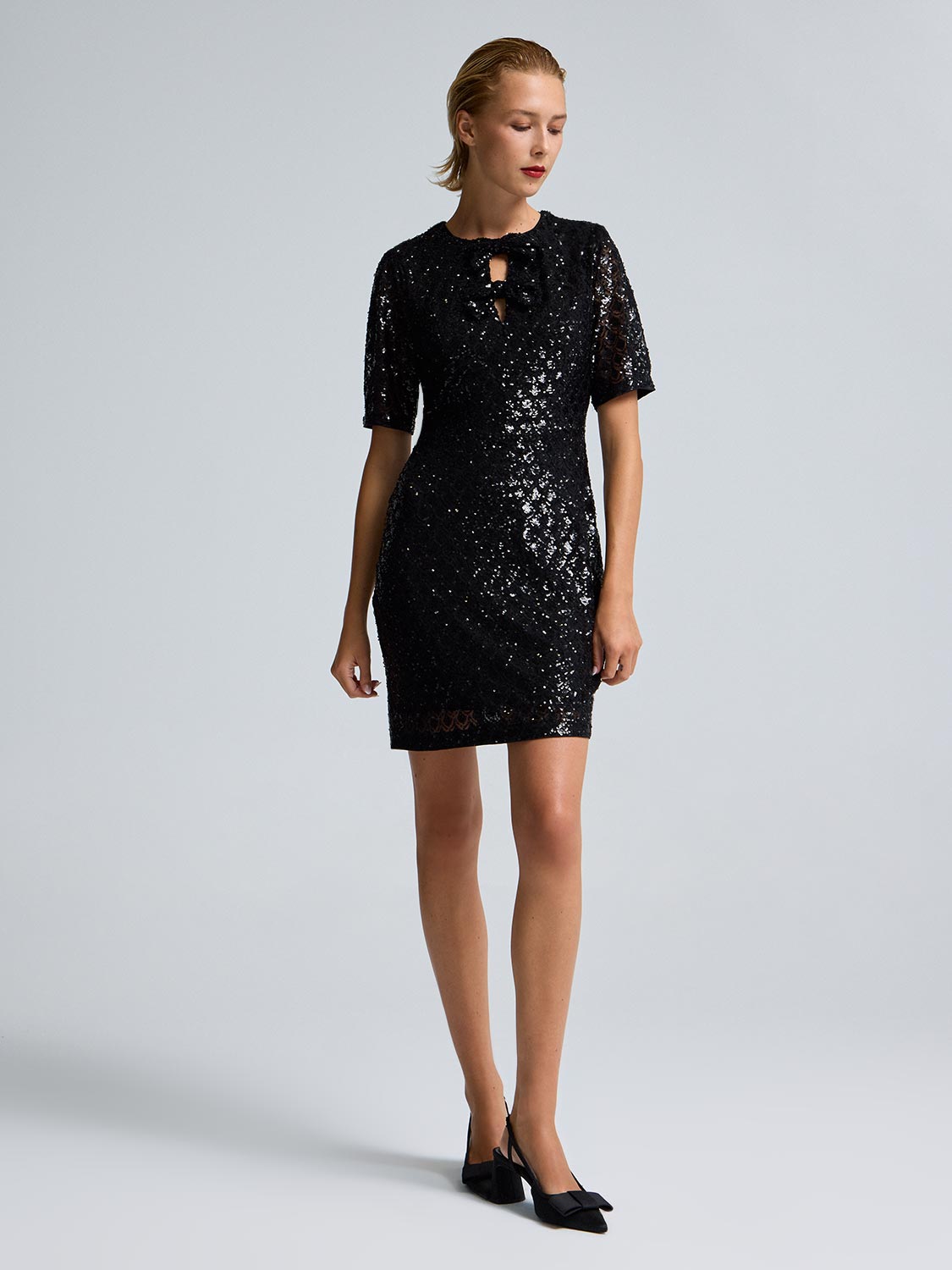 Black Mesh Dress Short Sleeve Bow Detail Sequin Mesh Dress Suzy Shier Black Mesh Dress Short Sleeve Bow Detail Sequin Mesh Dress Suzy Shier