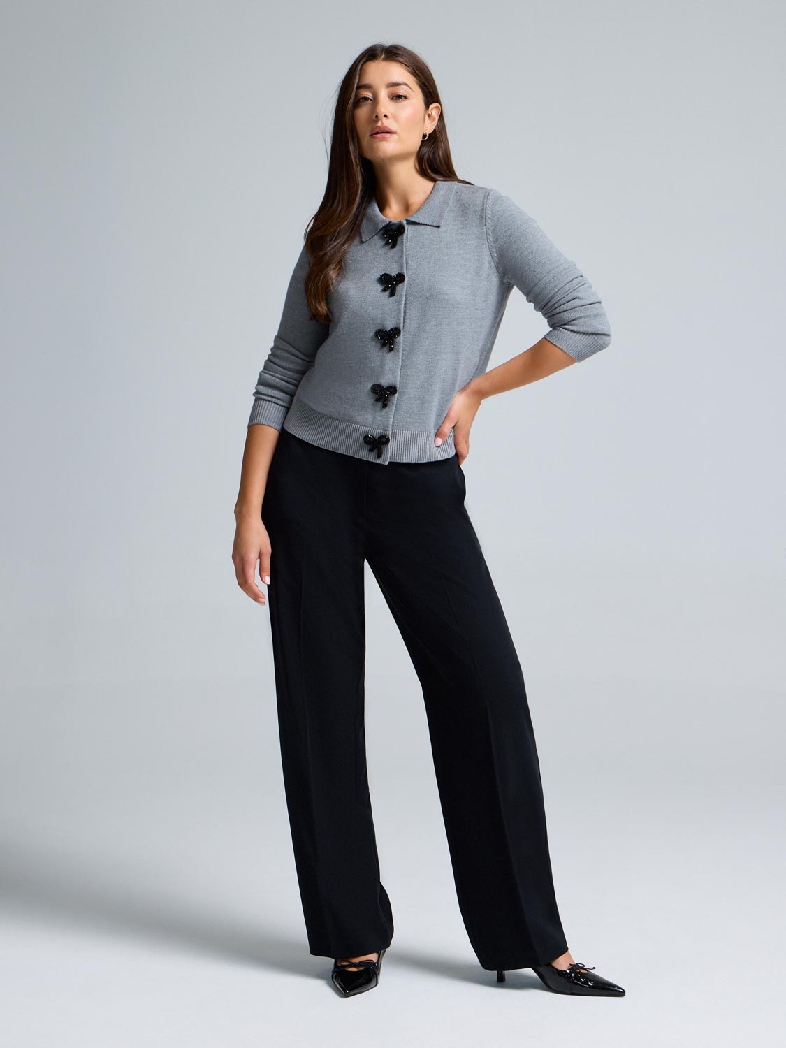 Bow-Button Collared Cardigan – Suzy Shier - Main Image