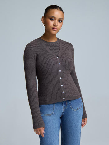 Cable Knit Button-Front Cardigan Med Brown