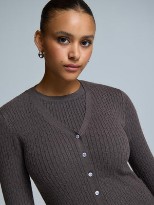 Cable Knit Button-Front Cardigan Med Brown